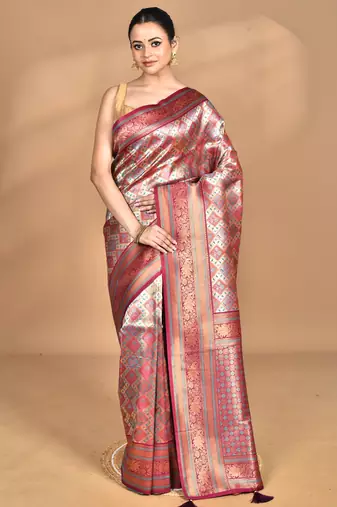 purple kanjiviram silk blend saree with blouse piece
