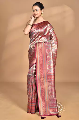 purple kanjiviram silk blend saree with blouse piece