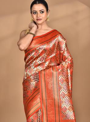 orange kanjiviram silk blend saree with blouse piece 1