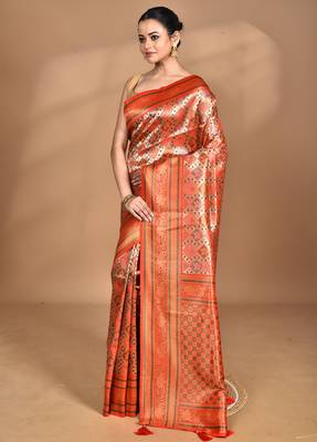orange kanjiviram silk blend saree with blouse piece 2
