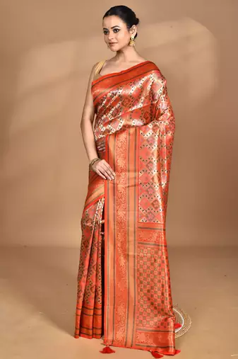 orange kanjiviram silk blend saree with blouse piece