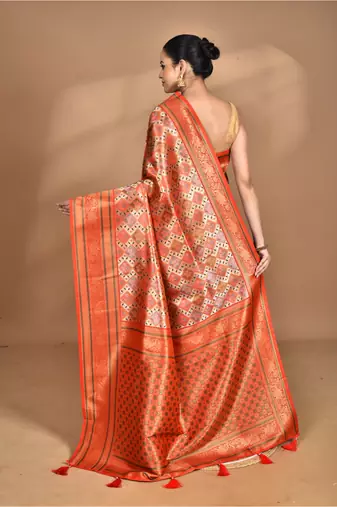 orange kanjiviram silk blend saree with blouse piece