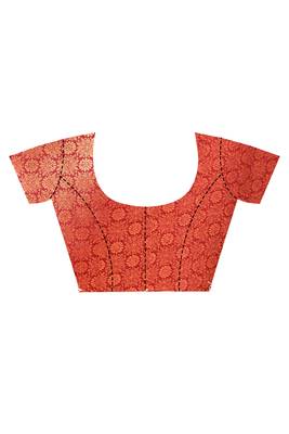 orange kanjiviram silk blend saree with blouse piece 4