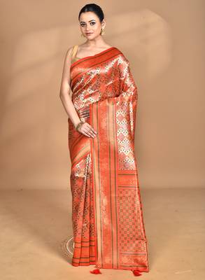orange kanjiviram silk blend saree with blouse piece 5
