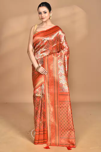 orange kanjiviram silk blend saree with blouse piece