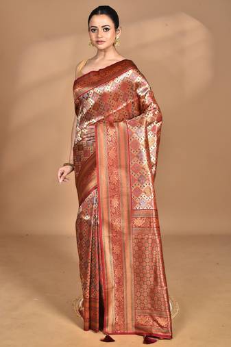 maroon kanjiviram silk blend saree with blouse piece