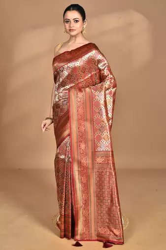 maroon kanjiviram silk blend saree with blouse piece