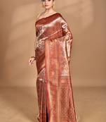 maroon kanjiviram silk blend saree with blouse piece