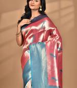 pink banarasi silk blend saree with blouse piece