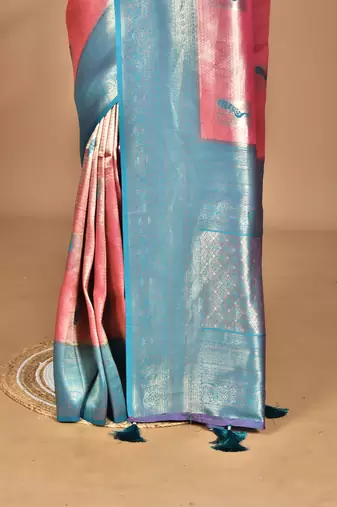 pink banarasi silk blend saree with blouse piece