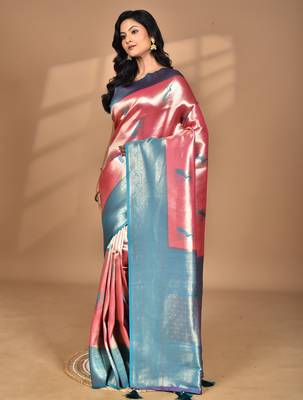 pink banarasi silk blend saree with blouse piece 3