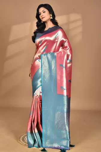 pink banarasi silk blend saree with blouse piece