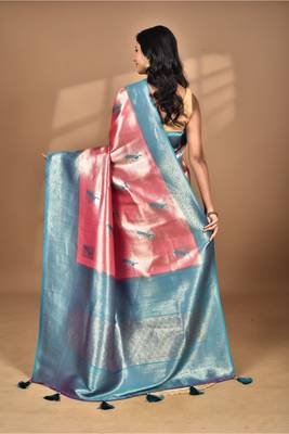 pink banarasi silk blend saree with blouse piece 4