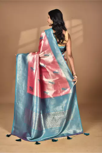 pink banarasi silk blend saree with blouse piece
