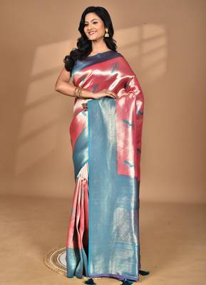 pink banarasi silk blend saree with blouse piece 5