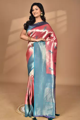 pink banarasi silk blend saree with blouse piece