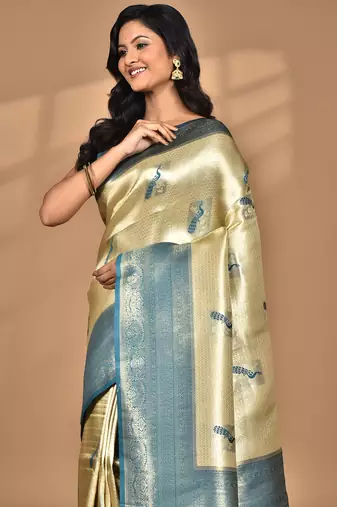 beige banarasi silk blend saree with blouse piece