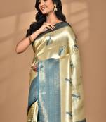 beige banarasi silk blend saree with blouse piece