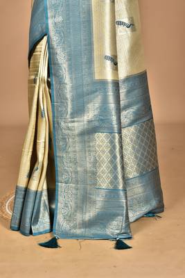 beige banarasi silk blend saree with blouse piece 2