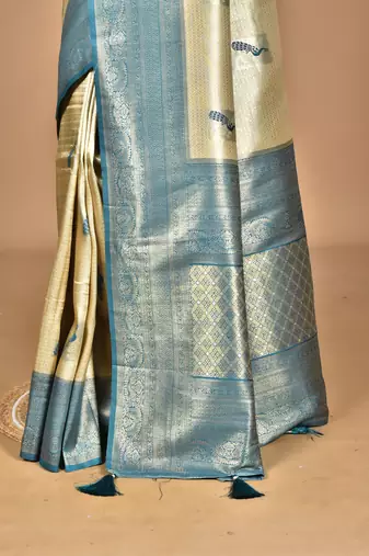 beige banarasi silk blend saree with blouse piece