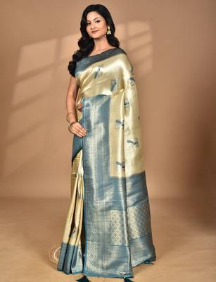 beige banarasi silk blend saree with blouse piece 3