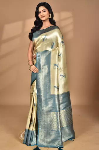 beige banarasi silk blend saree with blouse piece