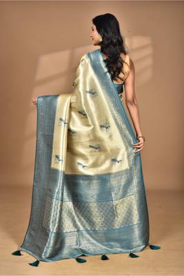 beige banarasi silk blend saree with blouse piece 4