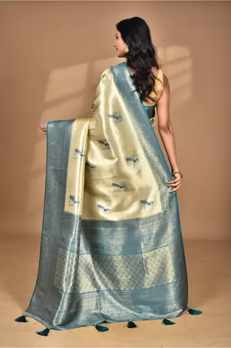 beige banarasi silk blend saree with blouse piece