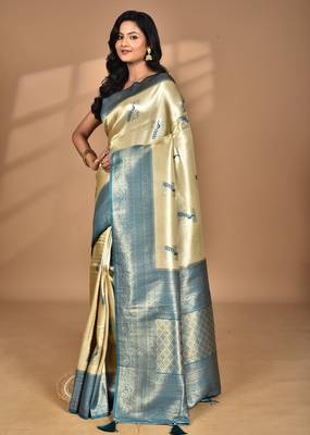 beige banarasi silk blend saree with blouse piece 5