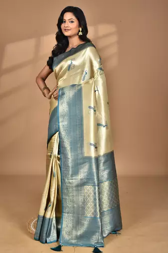 beige banarasi silk blend saree with blouse piece
