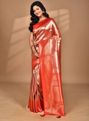 red banarasi silk blend saree with blouse piece 3