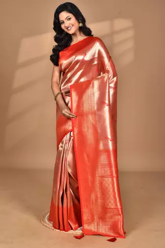 red banarasi silk blend saree with blouse piece