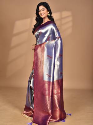 purple banarasi silk blend saree with blouse piece 3