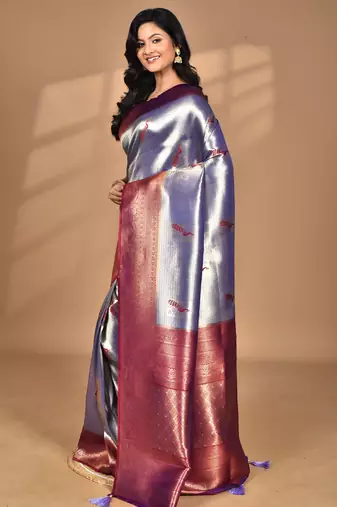 purple banarasi silk blend saree with blouse piece