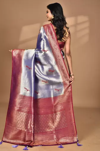 purple banarasi silk blend saree with blouse piece