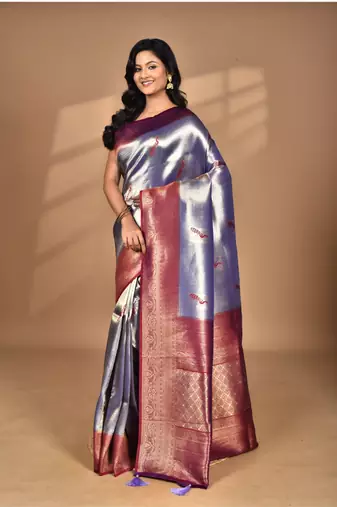 purple banarasi silk blend saree with blouse piece