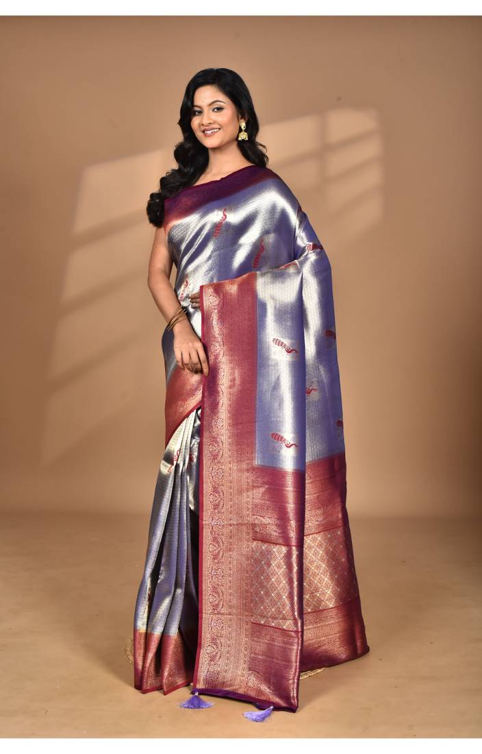 purple banarasi silk blend saree with blouse piece