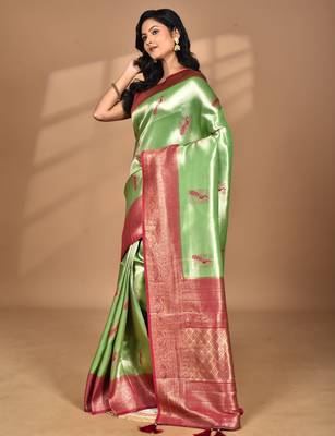 green banarasi silk blend saree with blouse piece 3