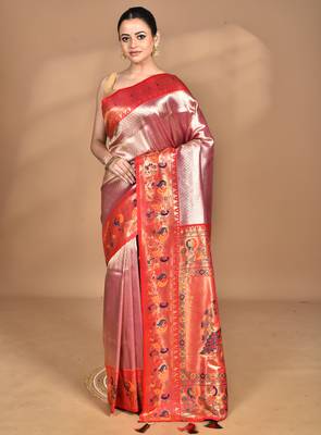 pink banarasi silk blend saree with blouse piece 1