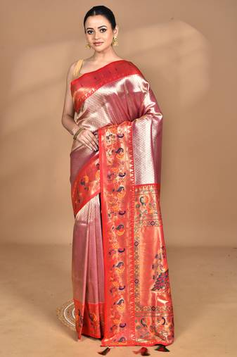 pink banarasi silk blend saree with blouse piece