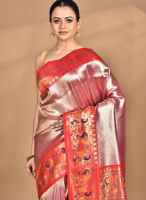 pink banarasi silk blend saree with blouse piece 2