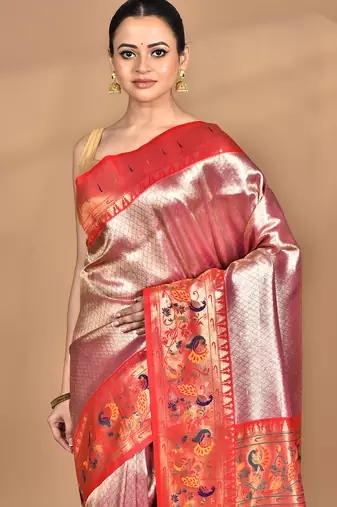 pink banarasi silk blend saree with blouse piece