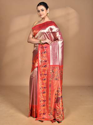 pink banarasi silk blend saree with blouse piece 3