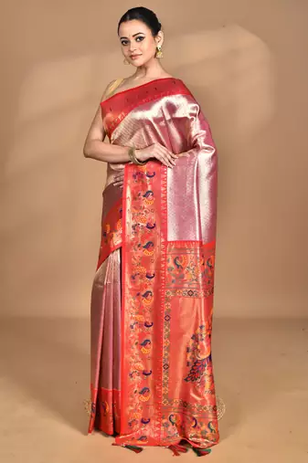 pink banarasi silk blend saree with blouse piece