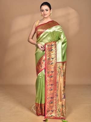 light green banarasi silk blend saree with blouse piece 1