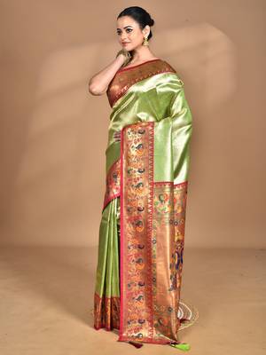 light green banarasi silk blend saree with blouse piece 3