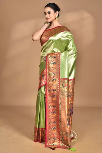 light green banarasi silk blend saree with blouse piece