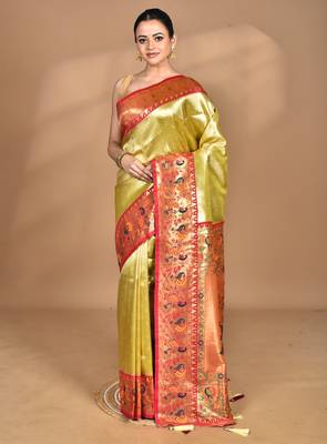 pink banarasi silk blend saree with blouse piece 1