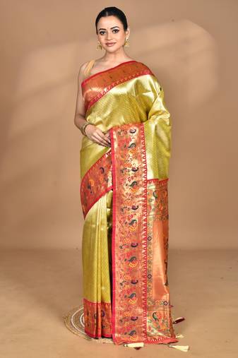 pink banarasi silk blend saree with blouse piece