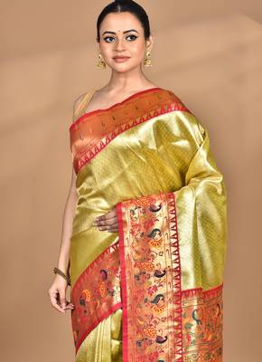 pink banarasi silk blend saree with blouse piece 2